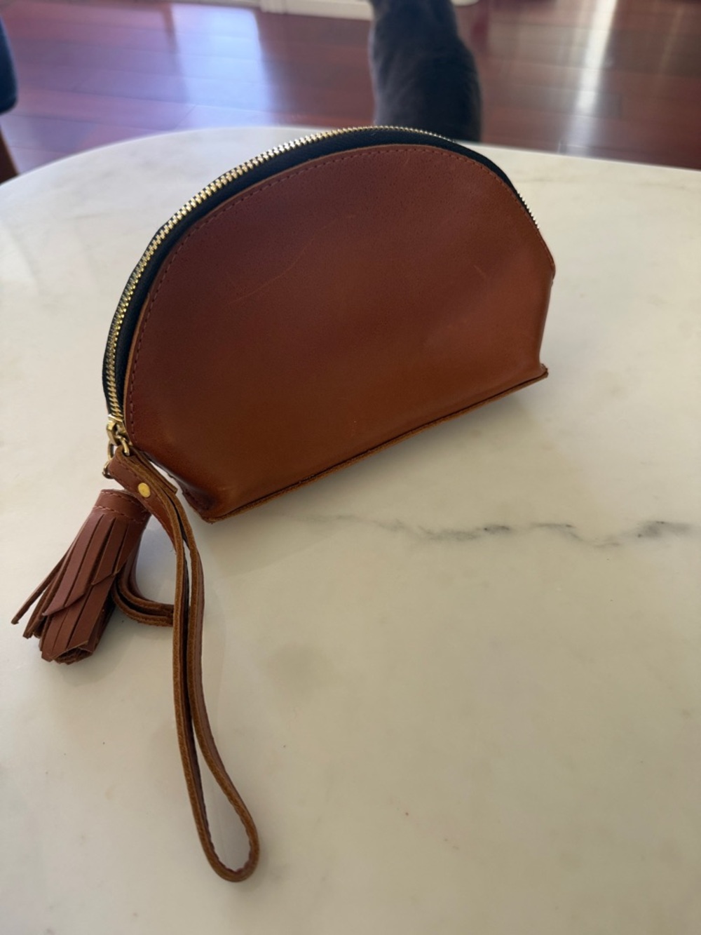 Brown Leather Tassel Wristlet Pouch